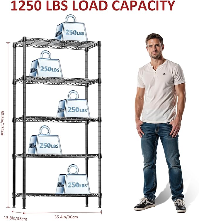 IZEUK 5 Tier Black Metal Storage Shelves, Heavy Duty Wire Shelving Rack for Garage, Kitchen, Bathroom, or Laundry Organization, 1250 lbs Capacity, 13.8" D x 35.4" W x 68.5" H