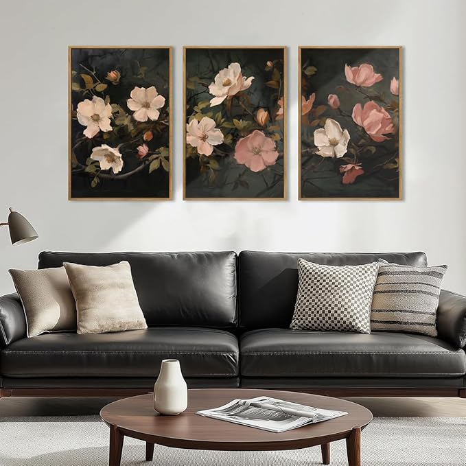 IARTTOP Large Black Floral Framed Canvas Wall Art 16x24 Inch Dark Moody Floral Art Prints Set of 3 Modern Botanical Wildfower Wall Decor for Living Room Bedroom Office