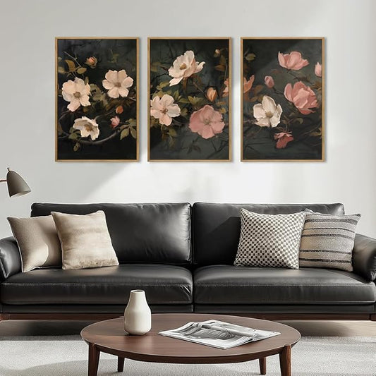 IARTTOP Large Black Floral Framed Canvas Wall Art 16x24 Inch Dark Moody Floral Art Prints Set of 3 Modern Botanical Wildfower Wall Decor for Living Room Bedroom Office