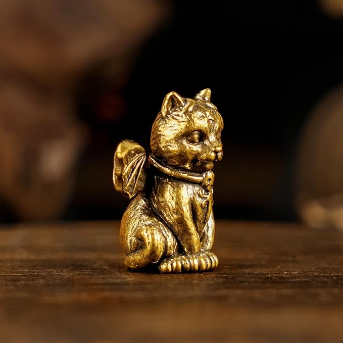 CHOVY Retro Handcrafted Evil Cat Sculpture - 100% Solid Brass Demon Cat Figurine with Wings & Fangs | Gothic Dark Fantasy Desktop Decor, Collectible Art Piece Unique Gift