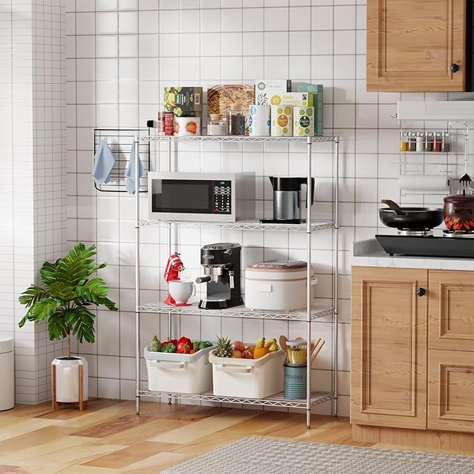 PayLessHere 4 Tier Shelving Unit 13.4" D×35" W×53.7" H Metal Shelving Standing Storage Shelf with 4 Steel Frame Adjustable Layer Racks Metal Commercial Shelf for Kitchen, Garage (Chrome)