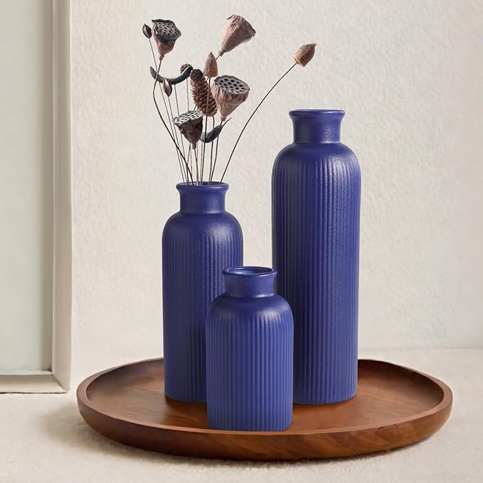 Small Navy Blue Ceramic Vase Set of 3, Boho Modern Navy Blue Flower Vase Room Decor, Farmhouse Decor, Vases for Your Kitchen, Bathroom, Bedroom, Living Room, Office&Shelf Centerpiece Table Decorations