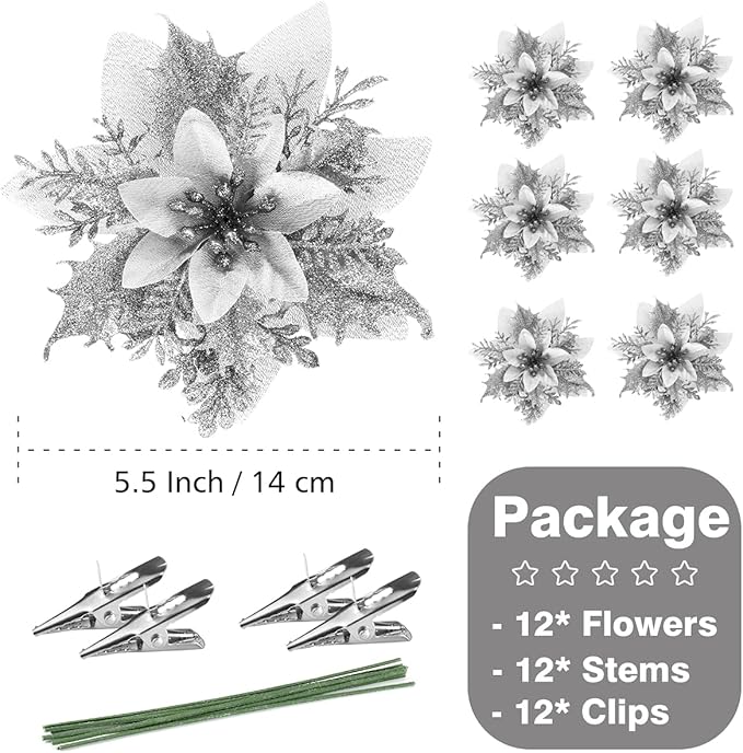 Christmas Poinsettia Artificial Flowers Decorations 5.5" Christmas Tree Wreaths Garland Decoration 12 Pcs Glitter Flowers Picks Decor for Xmas New Year Wedding Party Ornaments (Silver)