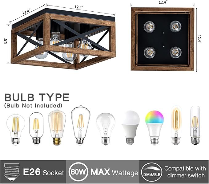 Farmhouse Ceiling Light, 4-Light Flush Mount Ceiling Light with Black Metal and Wood, Rustic Light Fixture for Hallway, Entryway, Kitchen