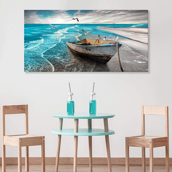 Beach Picture Canvas Wall Art Prints Black and White Waves Seascape Paintigns Home Decor Boat Seagulls Ocean Landscape for Living Room Bedroom Bathroom Decoration Natural Scenery Artwork 20x40inches