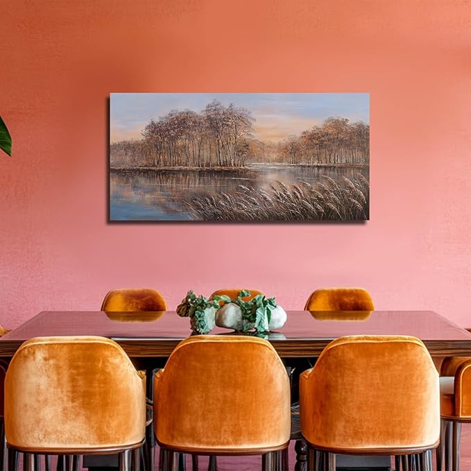 Fall Wall Art Forest Painting Lake Landscape Wall Decor for Living Room Office Contemporary Artwork 24x48 Inch Blue and Gold Posters