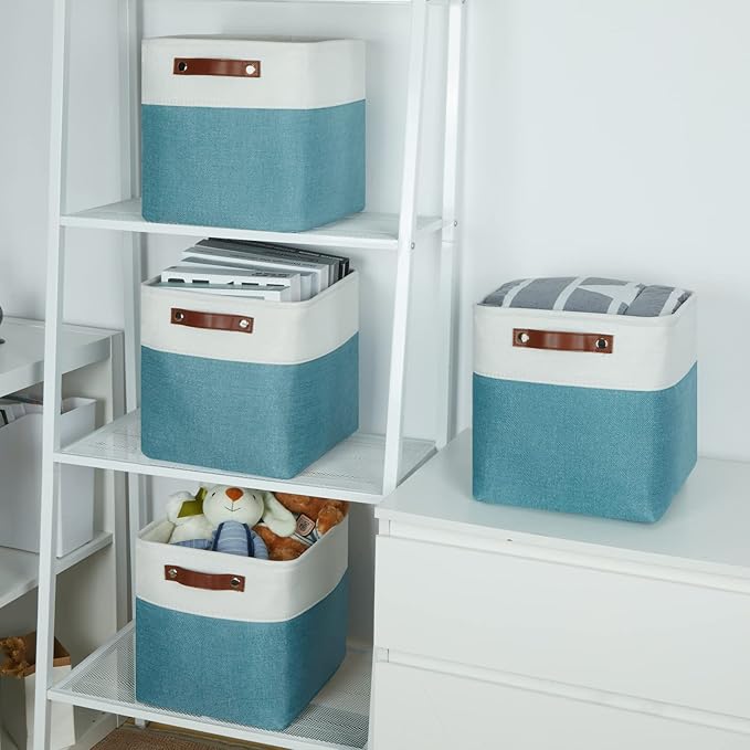 Temary 11 Inch Cube Storage Bins Cubes Storage Baskets 4 Pack Fabric Baskets for Gift Empty, Collapsable Fabric Storage Cubes Basket for Storage clothes, Teal Storage Bins for Shelves (White&Teal)