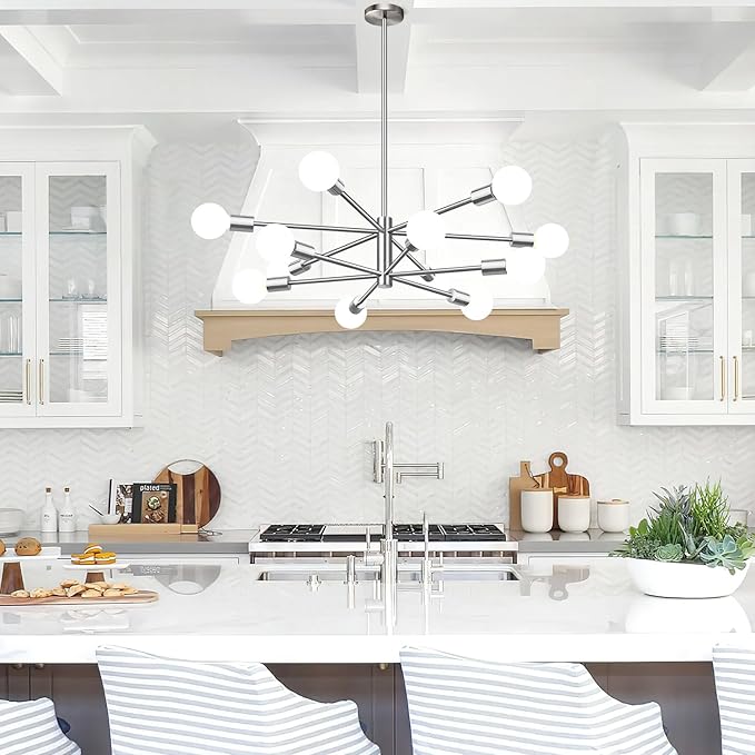 33" Modern Chandelier Ceiling Light Fixture, 12-Light Sputnik Chandeliers Brushed Nickel Mid Century Chandelier Over Table, Height Adjustable Chandeliers for Dining Room Living Room Kitchen Island