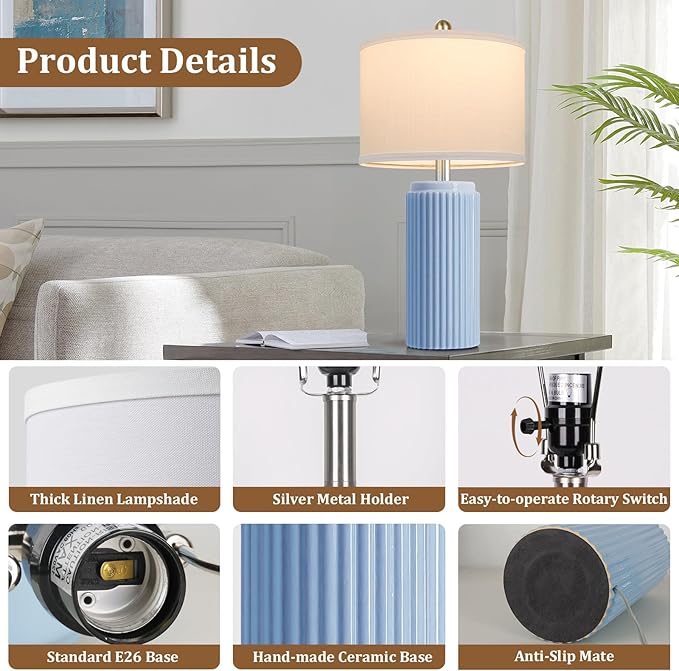 23.5’’ Sky Blue Farmhouse Table Lamps for Living Room Set of 2, Modern Elegant Ceramic Bedside Nightstand Lamps with White Linen Shade for Bedroom, Coastal Lamps Set for Study Home Office
