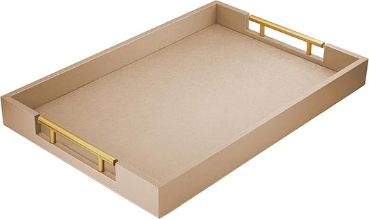 17" x 12" Wood Serving Tray with Gold Polished Metal Handles, Home Decorative Wooden Rectangle Ottoman Leather Decor Platter Bathroom Vanity Tray for All Occasions Khaki