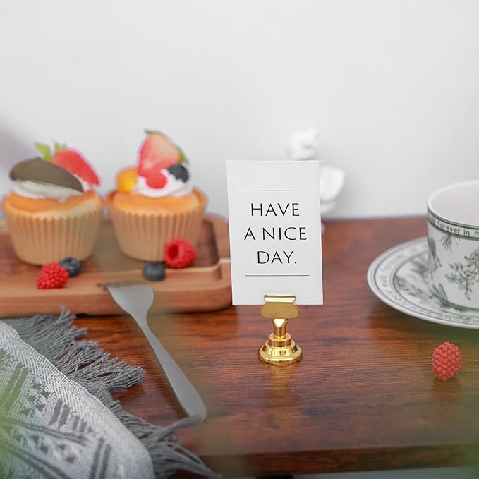 Urban Deco 16 Pieces Table Card Holder Place Card Holders 1.7 inches Gold Steel Card Holders for Photos, Food Signs, Memo Notes, Weddings, Restaurants, Birthdays. (Gold)