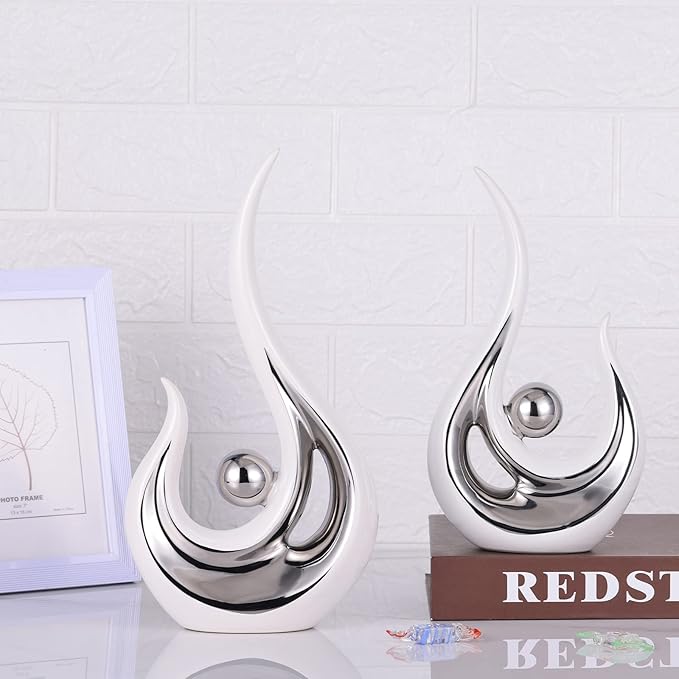 LCCCK White Silver Abstract Figurine Statues for Home Decor – Modern Ceramic Sculpture Accent, Decorative Statues for Living Room, Shelf, TV Stand, Office or Coffee Table Centerpiece Art Decoration