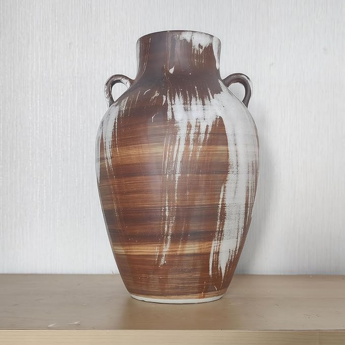 Rustic Pottery Vase - 10" Handmade Brown and White Farmhouse Vase with Handle, Unique Boho vase, Decorative Neutral Vases Home Decor, Vintage Ceramic Flower vases for Living Room, Kitchen Decor