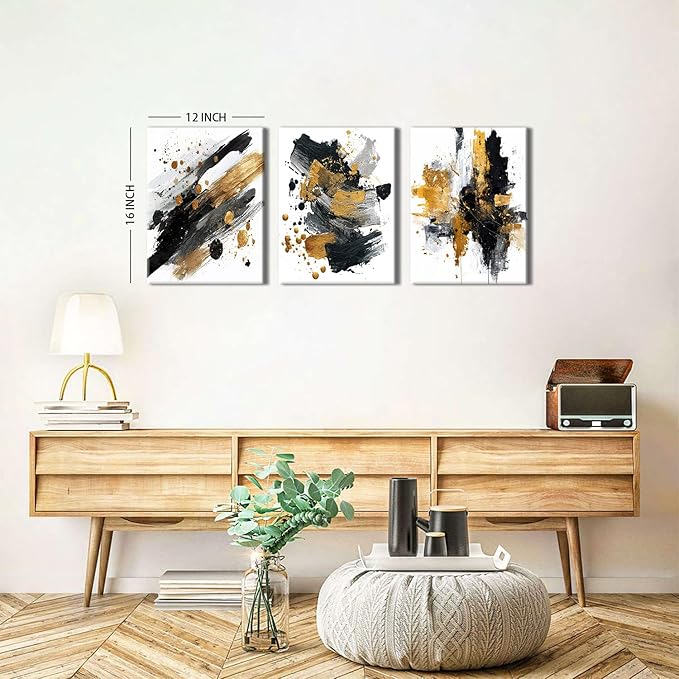 Black White and Gold Wall Art Abstrac Pictures Wall Decor Marble Ink Texture Walls Paintings for Living Room Bedroom Decor, Watercolor Gold Fluid Prints Posters Canvas Artwork Decorations 12x16” 3Pcs