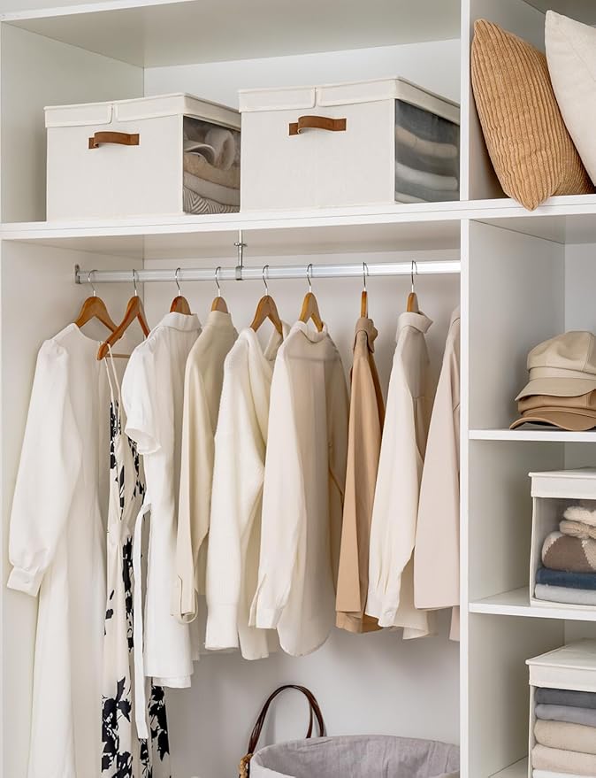 StorageWorks Storage Bins with Lid and Clear Window, Fabric Storage Boxes with Lids, Stackable Basket for Shelves, Closet Organizer and Storage Bins, Beige, Jumbo, 4-Pack