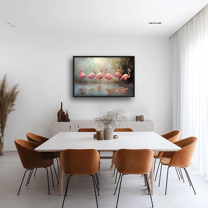 Flamingo Framed Wall Art for Living Room, Large Pink Birds Canvas Wall Decor, Animal Lake Pictures Painting, Modern Artwork for Bathroom Bedroom 36L'' × 24W''