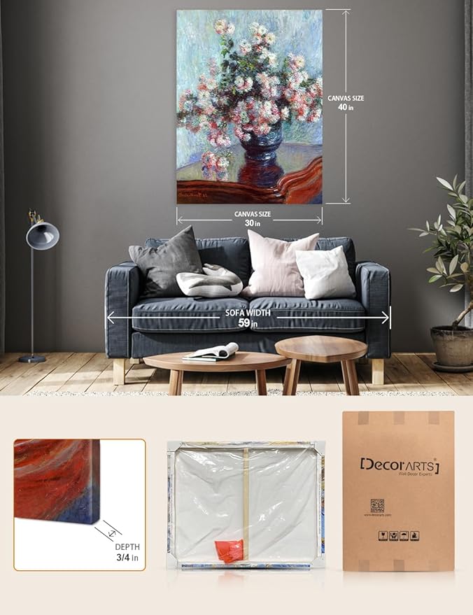 DECORARTS - Chrysanthemums by Claude Monet, Museum-Quality Giclee Canvas Print, Wall Art Reproduction, 30" W x 40" H, Made in USA