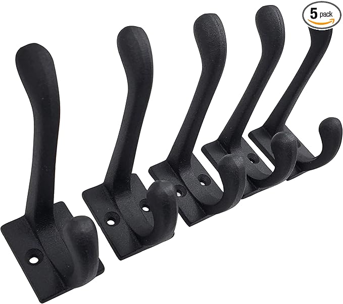 Claimed Corner Cast Iron Coat Hooks - Wall Mounted Rustic Farmhouse Matte Black Cast Iron DIY Coat Towel Hat Scarf Bags Hook 5-Pack