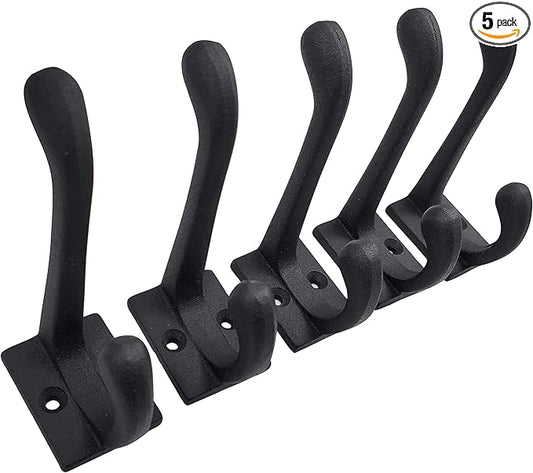 Claimed Corner Cast Iron Coat Hooks - Wall Mounted Rustic Farmhouse Matte Black Cast Iron DIY Coat Towel Hat Scarf Bags Hook 5-Pack
