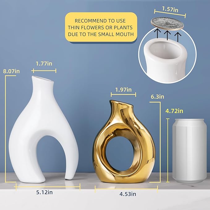 White and Gold Vases, Set of 2 vases Flowers, Pretty Vase Home Decor Boho, Hollow Modern Ceramic vase for Centerpieces