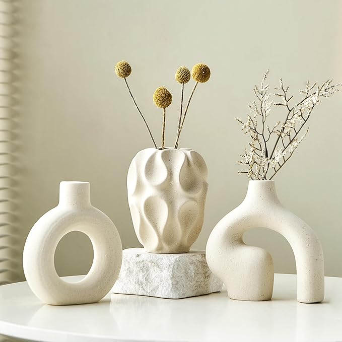 White Ceramic Vase Set of 3, Small Vases for Home Decor, Modern Boho Vase for Pampas Grass, Decorative Round White Vases Centerpieces for Coffee Table Living Room Shelf