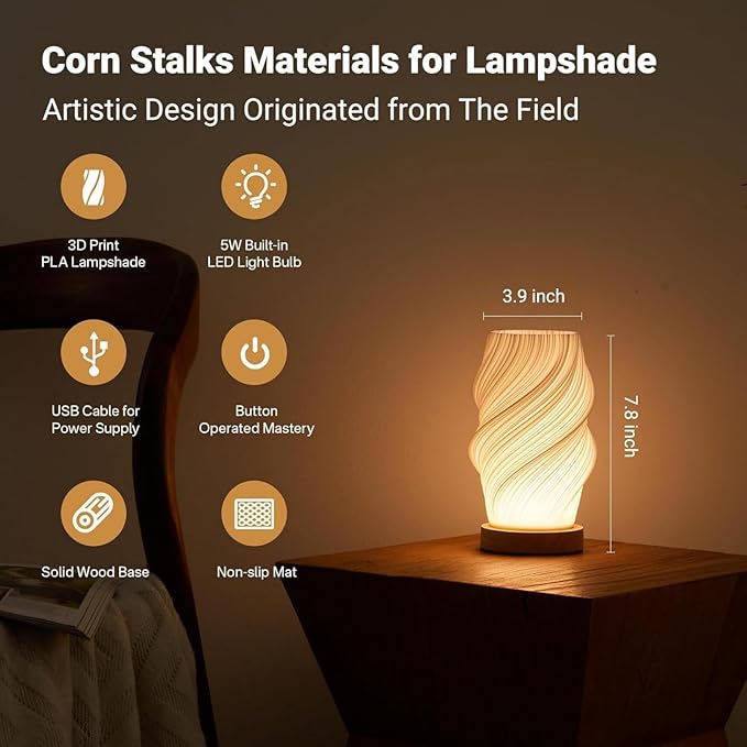 Bedside Lamp with Woodbase - Button Control Table Lamp for Bedroom 12 Way Dimmable Nightstand Lamp with PLA Lampshade for Living Room, Kids Room, College Dorm, Office (White-E, Medium)