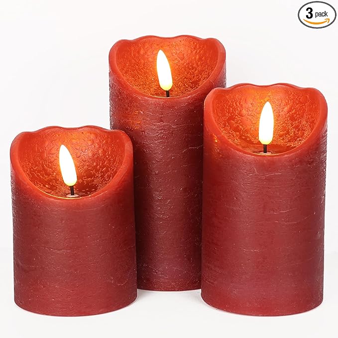 Eldnacele Red Wax Flameless Flickering Candles with 6H Timer, 3D Wick Realistic Battery Operated Pillar LED Candles Set of 3 for Easter Home Wedding Party Christmas Decoration (D3” x H4”5”6”)