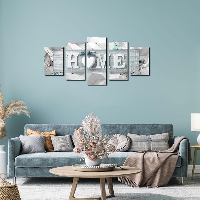 AWLXPHY Decor Home Love Wall Art Canvas Blue and White 5 Panels Framed Painting for Living Room Decoration Modern Still Life Love Stretched Artwork 3D Giclee Home Decor(Blue, W40 x H20)