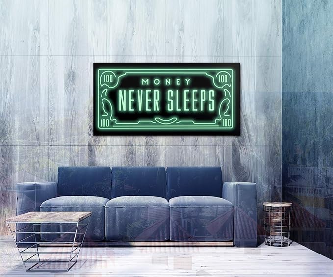 Office Artwork Wall Decor with Inspiring Quote - Money Never Sleeps Motivational Wall Art Modern Home Decor Green Kitchen Pictures 1 Panels Large Artwork for Wall Framed Ready to Hang - 48" x 24"