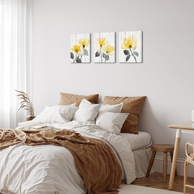 Saypeacher Yellow Flower Canvas Wall Art Yellow and Grey Bathroom Pictures Prints Yellow White Floral Painting