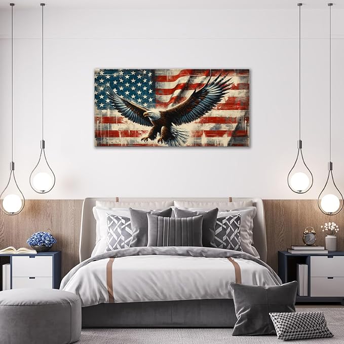 Large Bald Eagle Wall Art American Flag and Eagle Pictures Wall Decor Patriotic Motivational Bedroom Sign Canvas Painting Prints Modern Home Decoration Artworks Framed for Living Room Office 60"x30"