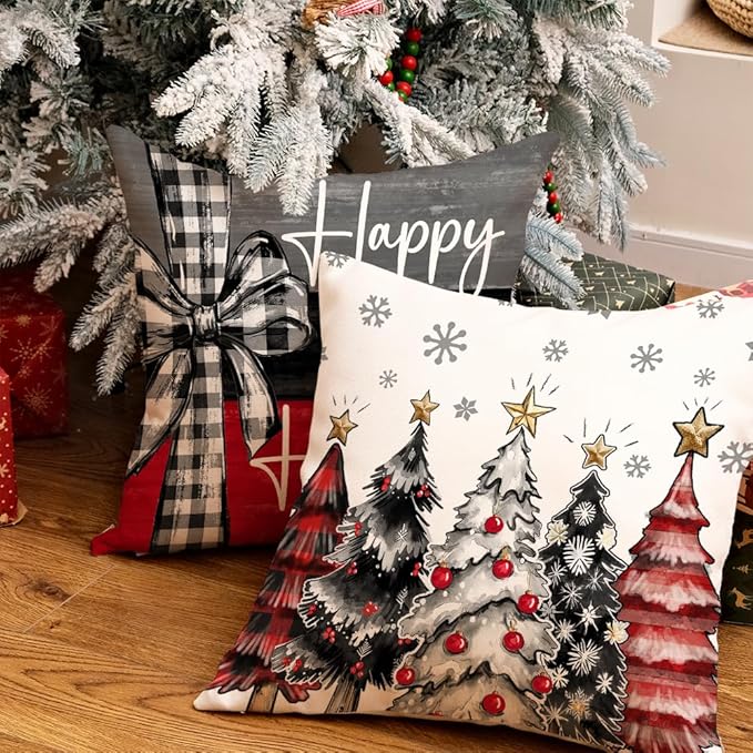 GEEORY Christmas Throw Pillow Covers 16 x 16 Inch Set of 4, Xmas Trees Merry and Bright Happy Holidays Farmhouse Decorative Cushion Cases for Home Decoration G418N-16