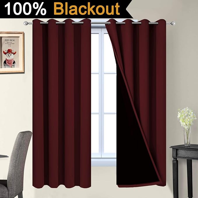 Yakamok 2 Thick Layers Completely Blackout Curtain Panels, Noise Reducing Drapes, Thermal Insulated Curtains with Black Liner for Bedroom(52Wx63L, Burgundy Red, 2 Panels)
