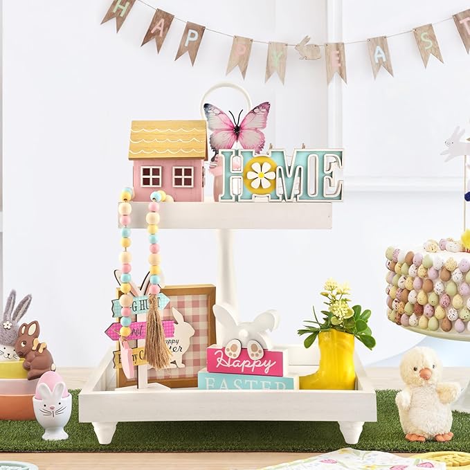 Spring Decorations, 8 Pieces Easter Spring Tiered Tray Decor, Home Office Table Shelf Decor Gifts, Tray Objects Decoration Bundle Bunny Bead Garland Wood Plaques Signs Decorative Ornament Set