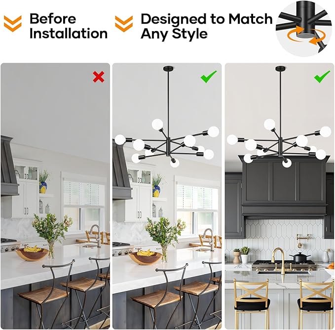 Sputnik Chandeliers Dining Room Light Fixture (10-Light, 33-Inch), Modern Black Chandelier, Height Adjustable Mid Century Modern Chandeliers for Dining Room Kitchen Island