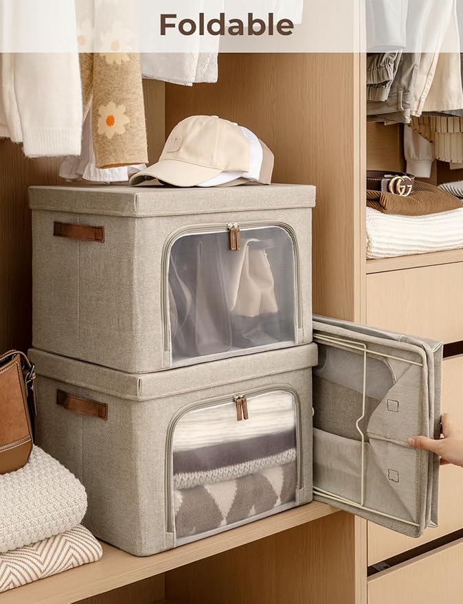 StorageWorks Storage Bins with Lids, Decorative Boxes with Clear Window for Clothes, Fabric Collapsible Baskets for Closet Organization, Large, Brown, 3 Packs