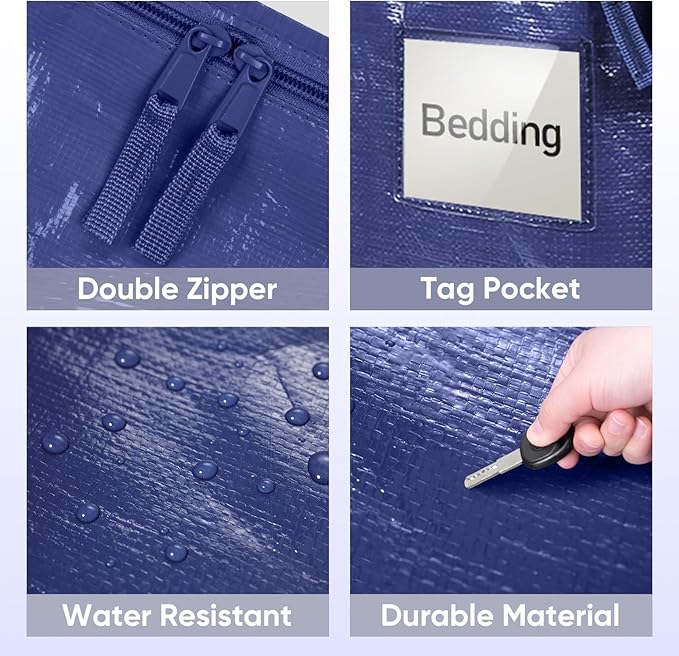 TICONN 4 Pack Extra Large Moving Bags with Zippers & Carrying Handles, Heavy-Duty Storage Tote Moving Boxes for Space Saving (4 Pack, Navy)