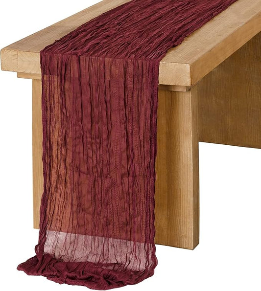 Ling's Moment 10Ft Burgundy Cheesecloth Table Runner Maroon Cranberry Table Runners Dark Red Garnet Gauze Semi-Sheer Tablecloth for Wedding Party Bridal Shower Decor