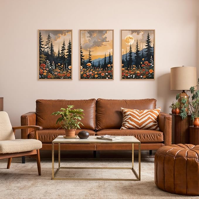 KAIRNE Mountain Forest Landscape Framed Wall Art Set of 3, Nature Full Moon Pine Tree Scenery Wall Decor, Vintage Boho Sunset Flowers for Living Room Bedroom Office - 16×24inch