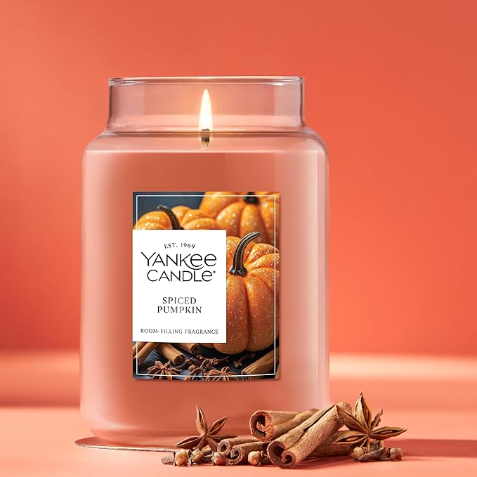 Yankee Candle Large Jar Scented Candle with up to 150 Hour Burn Time, Premium Plant Wax Blend for Consistent Burn, 22 oz Jar Candle with Room Filling Fragrance, Spiced Pumpkin