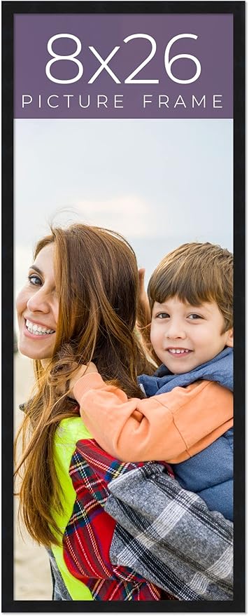 8x26 Frame Black Real Wood Picture Frame Width 0.75 Inches | Interior Frame Depth 0.5 Inches | Noir Classique Mid Century Photo Frame Complete with UV Acrylic, Foam Board Backing & Hanging Hardware