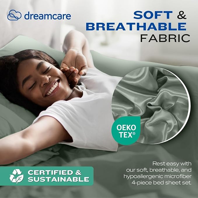 DREAMCARE Twin XL Sheets Set - 4 Pcs Cooling Bed Sheets with Up to 15" Deep Pockets - Soft, Long-Lasting 100% Brushed Polyester with Side Pocket (Sage Green)