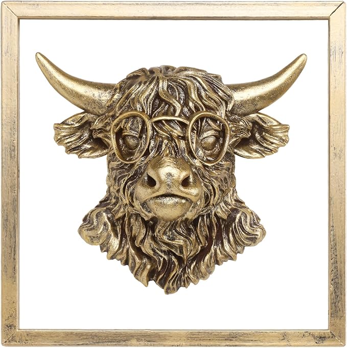 Animal Heads Wall Decor (Includes Metal Frame) Resin Animals Sculptures Head Wall Hanging Decoration Gold vintage Wall Sculpture for Living Room Bedroom Office(Highland cattle)