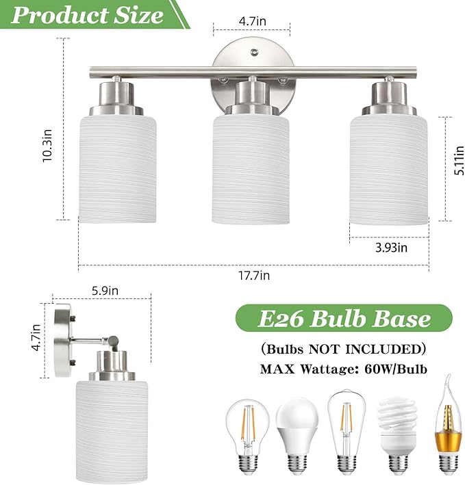 3-Light Bathroom Light Fixtures, Vanity Lights for Mirror with Textured Milky White Glass Shade, Modern Kitchen Light Fixtures Wall Sconce Light - E26 Base - Brushed Nickel