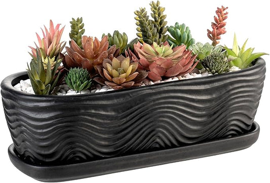 MyGift 13.5 inch Succulent Planter Pot, Oval Modern Ceramic Plant Box Container with Wave Textured Pattern and Removable Saucer Drip Tray (Black)