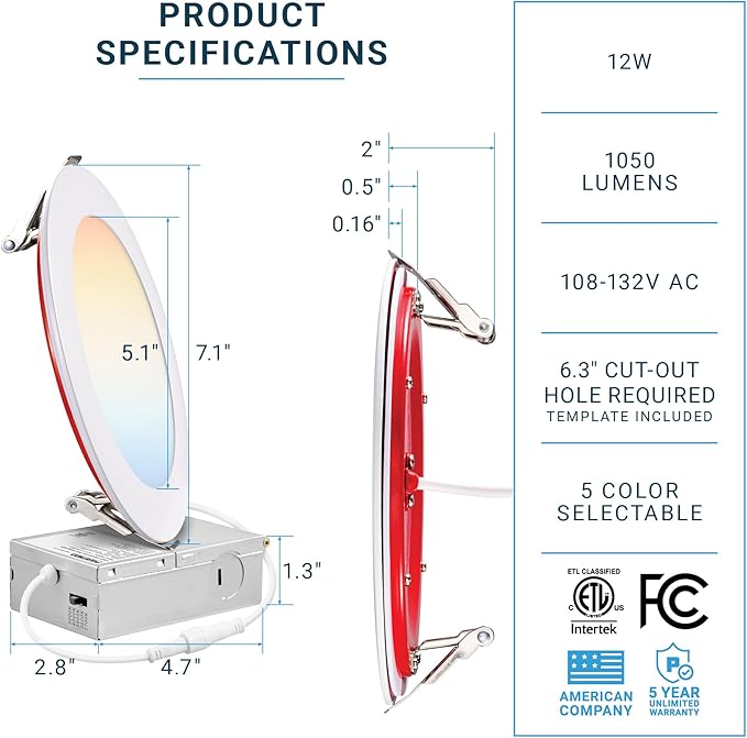 PARMIDA (6 Pack) 6 Inch 2HR Fire Rated LED Recessed Light, ETL, 5 Color Selectable 2700/3000/3500/4000/5000K, 12W Dimmable Ultrathin Canless Wafer Slim Panel Downlight, Wet/IC Rated, No Tenmat Needed