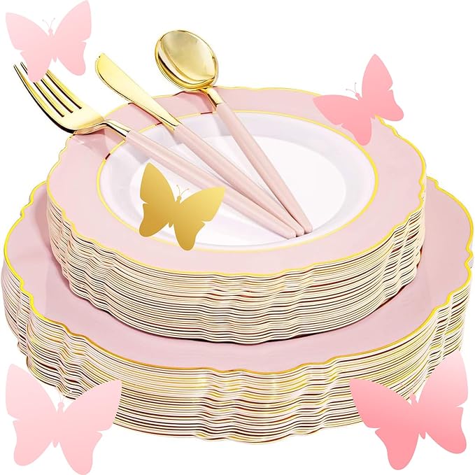 WDF 30Guest Pink Plates Disposable - Hign-end Baroque Design - Gold Plastic Silverware with Handle-Baroque Pink &Gold Plastic Dinnerware for Wedding/Baby Shower