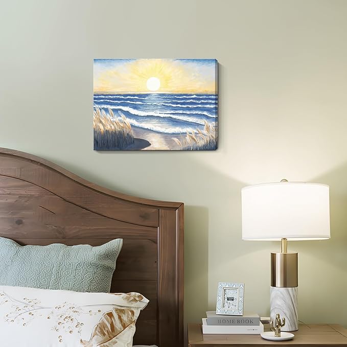Bathroom Decor Wall Art Beach Sunset Blue Ocean Waves Nature Pictures Coastal Reeds Canvas Print Seaside Landscape Seashore Botanical Painting Seascape Artwork for Home Sea Lake Bedroom 12x16inch