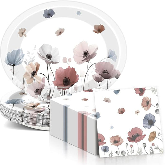 Fall Brown Poppy Floral Leaves Party Supplies Oval Paper Plates 11inch Large Seasonal Autumn Plates and Napkins Watercolor Floral Leaf Party Decoration Favor Dish Tray Birthday Tableware, 25 Guest