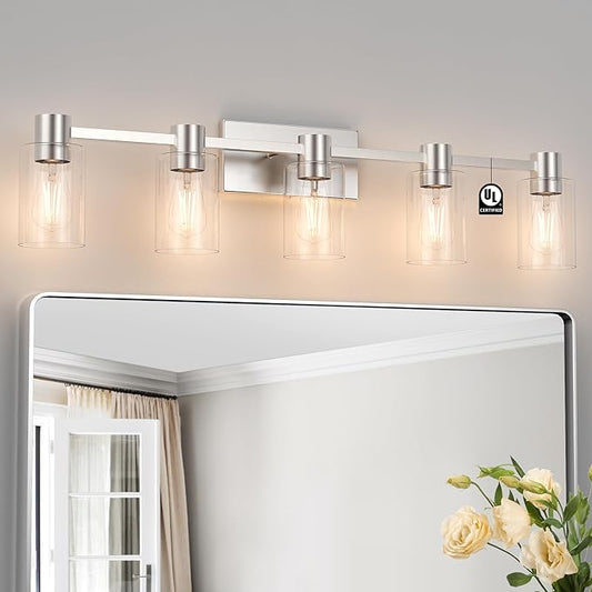 5-Light Modern Vanity Light Fixtures Over Mirror, Brushed Nickel Bathroom Light Fixtures, Vanity Lights, Wall Sconce with Clear Glass Shade for Bathroom, E26 Base
